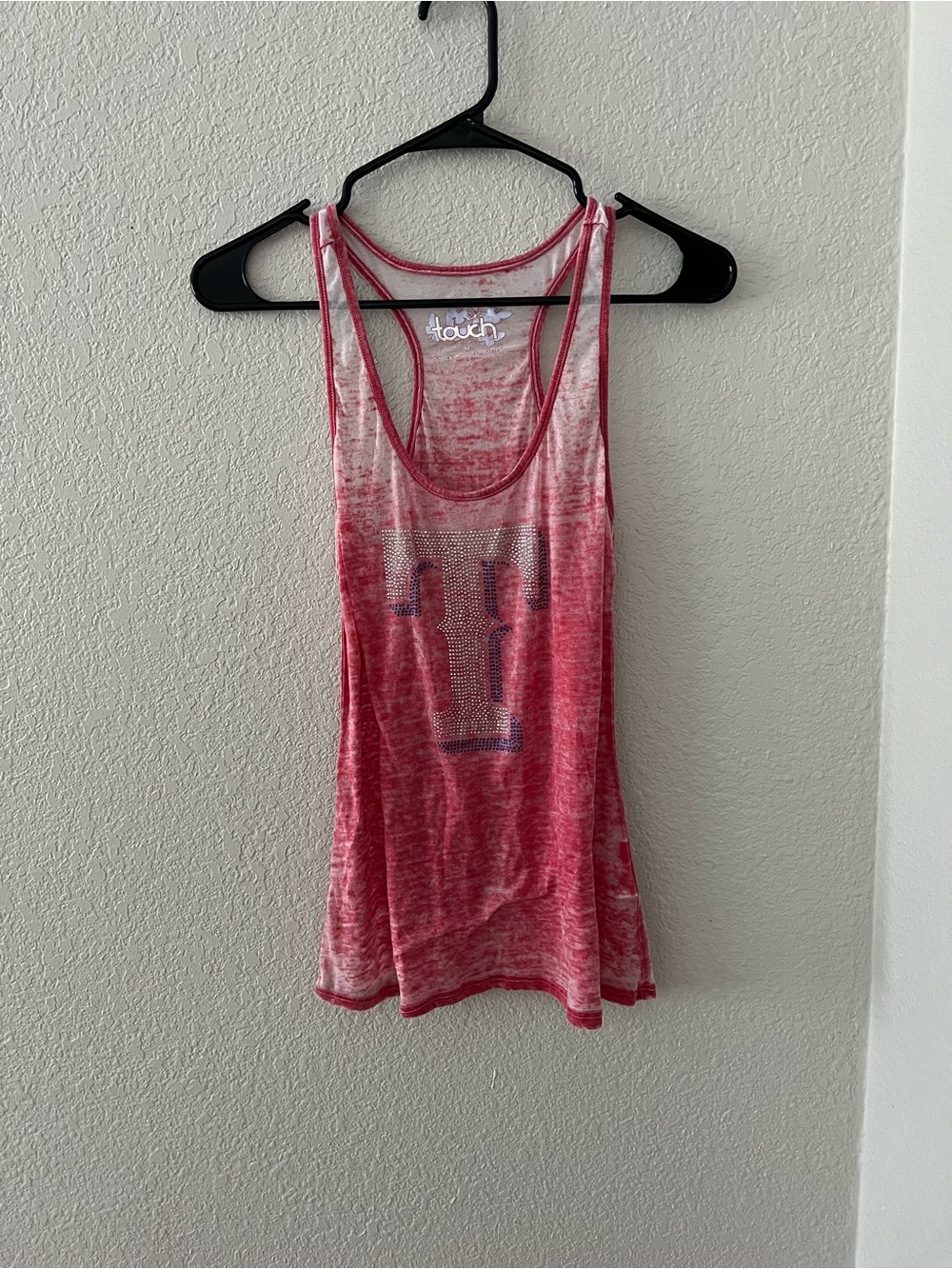 Touch Red Burnout Racerback Tank Top with Rhinestone Detail Texas Rangers Medium